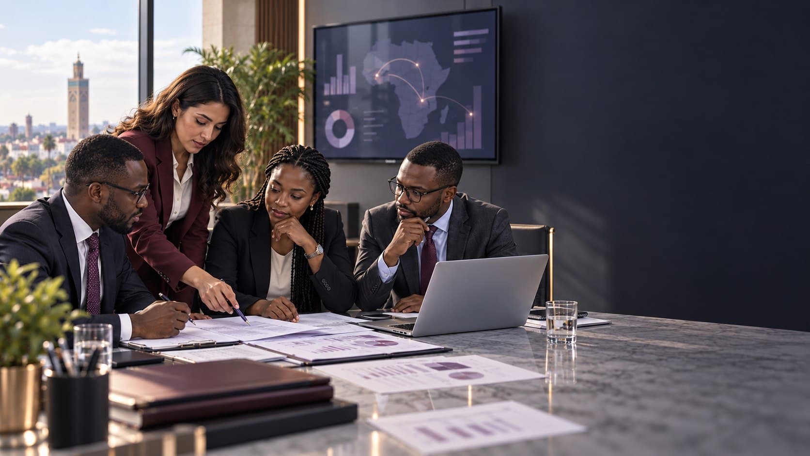Équipe de conseil analysant des données financières et une cartographie de missions en Afrique