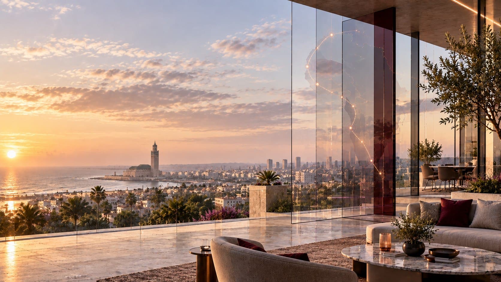 Vue panoramique de Casablanca au coucher du soleil, symbole de l'ancrage marocain du cabinet